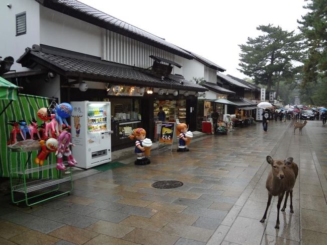 歩くこと20分くらいでしょうか<br />ようやく東大寺の参道までやってきました。<br /><br />ここでシカせんべい購入、のつもりでしたが<br />雨足が段々強くなってきました。<br /><br />片手に傘、片手にバッグとカメラ。<br />こうなると<br />シカにせんべいは断念せざるを得ませんねぇ・・・。