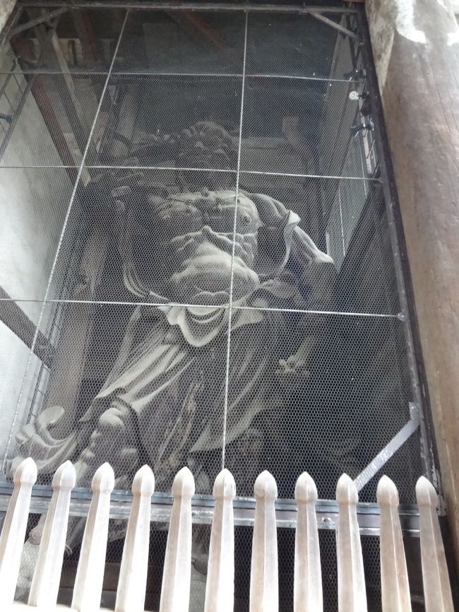 南大門の柱の影<br />行きがけには気付きませんでしたが<br />ここにも仏像が。<br /><br />金剛力士像というのだそうです。<br />このネットを外して間近で見たいと思わせる迫力があります。