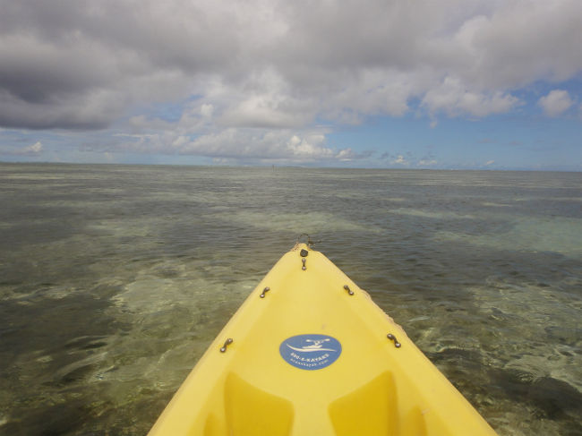 「潮が引いていて水位が浅いので、<br />　ボートは出せないので、カヤックで行きますね」<br />と、なんと！手漕ぎカヤックでした！<br />（カヤックは全部手漕ぎ？！）<br /><br />二人を前に乗せてくれ、<br />一番後ろでカヤックを漕いでくださる。<br />すごー！！<br />この景色を見て、こういうアングルで写真撮りたくて、<br />「カメラ貸して〜！」と借りて撮った写真＾＾<br /><br />かなりの距離、どのくらなんだろう？<br />３０ｍとか？もっとかなぁ、進む。<br /><br />気持ちよすぎる景色＾＾！！
