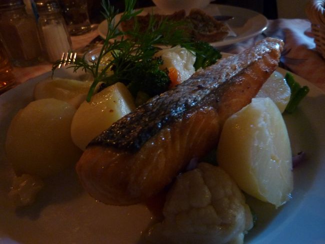 暗いので写真もギリギリです。<br />サーモンを注文しましたが、なかなかおいしい！！<br /><br />日本語メニューあるお店だしそれほど味に期待はしてなかったのは失礼だった。<br />本当においしい！<br />妹の食べていたニシン？のカリっと焼いたものも非常においしく大満足。<br /><br />帰国してから「地球の歩き方」を見ると載っていました。<br />『魚料理が自慢』との事だったので大正解だったのかも。