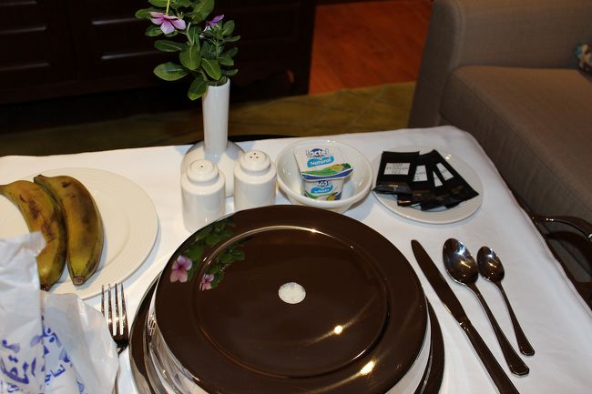 お腹を壊したので、ホテルから差し入れのおかゆとヨーグルトなど