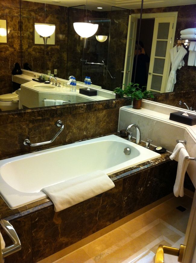 水回りが広くてびっくり。お風呂もゆったり。しかし、今回はお風呂は使わず。<br /><br />というのもクラブフロアのベネフィットの１つにフィットネスの無料使用があり、そこの大浴場＆サウナを利用したからです。しかも、大浴場は温泉!!<br />http://world.kbs.co.kr/japanese/program/program_aunt_detail.htm?No=286←によると「泉質はアルカリ性で、ゲルマニウムなどが含まれ、肌にいい」のだそう。確かにつるつるになりました。<br /><br />今回温泉に入れることを知らずに予約したのですが、広いし本当にリラックスできて素晴らしかった！しかもタオル使い放題、シャンプー、コンディショナー、はたまたISA KNOXとmamondeの化粧水乳液それぞれ、髪に使うスプレー＆オイル？各種、ドライヤー、ボディーローション･･･となんでも揃ってるのです。だから手ぶらで行けてしまいます。<br />