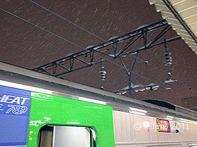 青森駅に到着。<br />駅は雪が降り続いていました。
