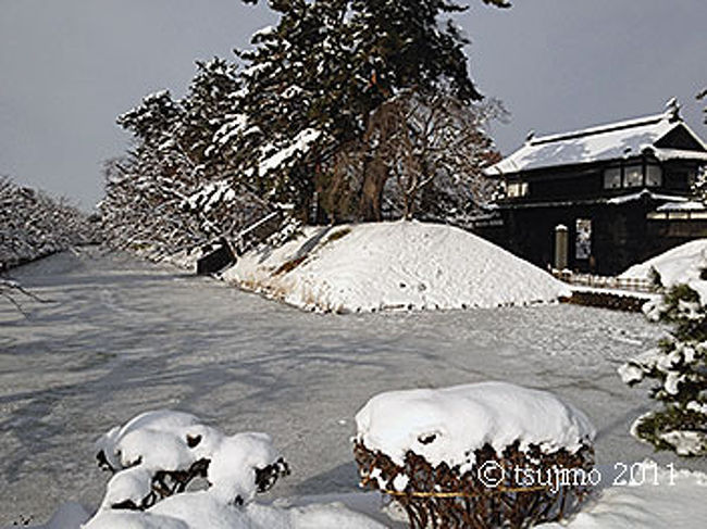 弘前駅から「土手町循環１００円バス」を利用して、弘前公園へ向かいます。<br />市役所前でバスを下車して、弘前公園の入口「追手門」へ向かいます。<br /><br />お堀は完全に凍っていました。<br />