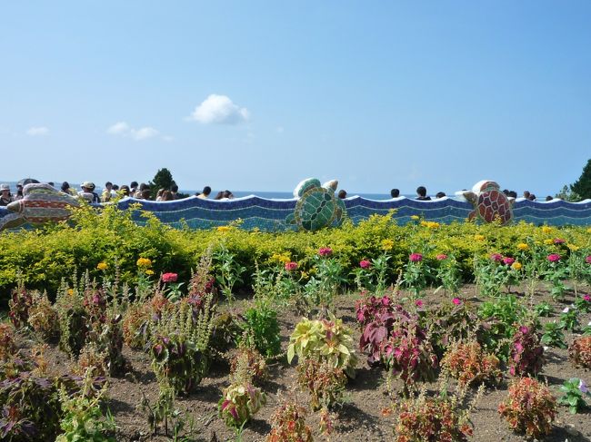 水族館の目の前には、かわいらしい花壇がありました！^^<br /><br />柵のタイルが海の動物たちで出来ている〜♪
