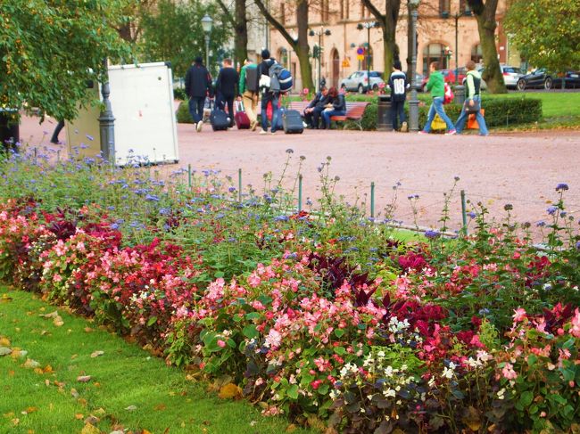 ヘルシンキの大通り公園。<br />２月に来た時は雪に覆われていたのですが、花と緑がとてもきれいです。<br />この公園を挟む様に両脇にお店がたくさん並んでいます。<br />この辺りのヘルシンキのブランド店や有名なお店がたくさん並んでます。