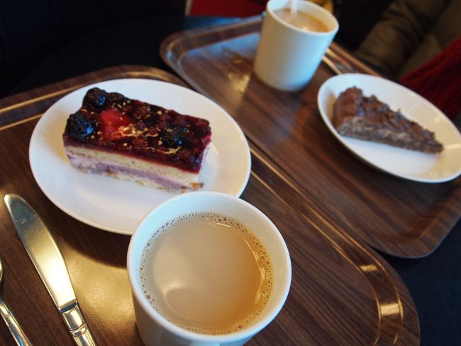 昼ごはんを食べる間もなく動き回っていたので空港で最後の食事<br />というよりティータイム。<br />考えてみたら北欧でスイーツ食べてないな?。<br />べりーのムースケーキ。あっさりめで美味しかった。<br />ケーキと一緒にシナモンロールを持ち帰り用に購入。<br />２月も買って帰ったのだ。