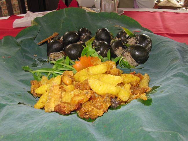 さて、ベトナムでの食事はどれも日本人には大丈夫なものばかりでした。<br />しかし、これだけは少し抵抗がありました。<br />手前の蛙の唐揚げは大丈夫でしたけど、奥のタニシの肉団子はちょっと無理。だって田植えの時期には害虫ですのでいつも足で踏みつぶしてますから（笑）