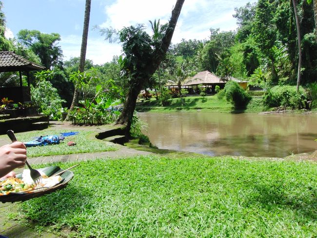 　<br />　そうして、また進んだあと、<br /><br />　こんな景色の良いところでランチ。<br /><br /><br />　ウブドは、自然のキレイなところなので、<br /><br />　川沿いに、ハネムーンにもってこいの、<br /><br />　素敵なホテルがたくさんありました。<br /><br /><br />　その一つ、<br /><br />　フォーシーズンズ・サヤンにて、<br /><br />　そのヒの晩に、食事しました。