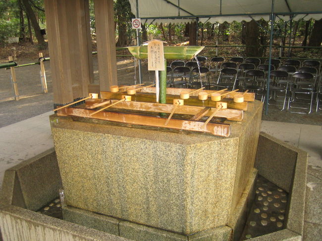 鳥居の手前に手水舎があります。あいにく参拝の前にお清めをする人々で非常に混雑してました。その近くの参道脇には、竹の筒に穴がたくさん開けてあり、そこから水が落ちてくる見た目には「流しそうめん」ならぬ、流し手水舎？（笑）が臨時で設けられていましたので、そちらでお清めを済ませ、本殿へと進みました。<br /><br />ちなみに、これは東神門前の手水舎です。あしからず...。