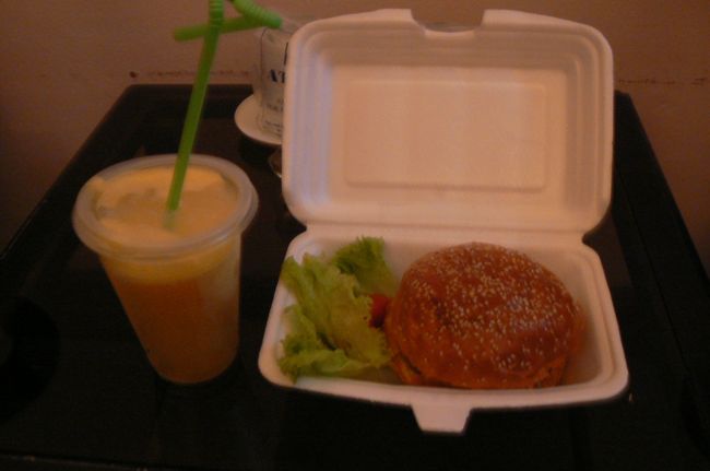 オペラハウスのあたりを歩き回り一軒のカフェに行って「食べるものが欲しいんです。」って情けないけどお願いして、ビーフ・チーズ・ベーコンバーガーとグレープフルーツ＆パインのミックスジュースをテイクアウトさせてもらいました。ここの方とても親切で待っている間も水やらお茶やら出してくれて、やさしさがうれしかったです。<br /><br />ホテルには12時前に着いたけど、フロントも暗くデスクに私の部屋の鍵がありました。悲しい（泣）やっと食べられた夕食はとても美味しかった！！明日帰るから荷物もしなくちゃいけないのになんでこうなるの〜〜１：３５就寝。　