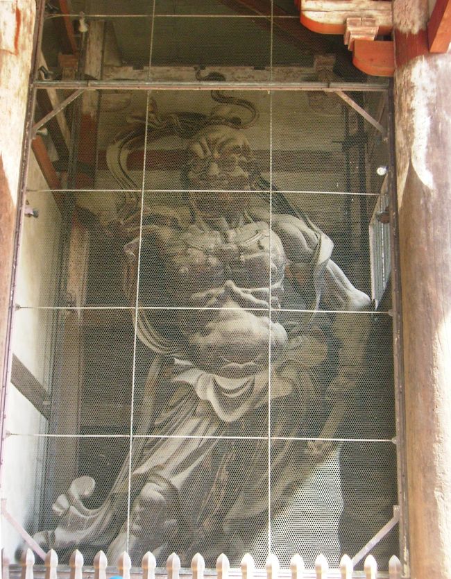 門に向かって右にある吽形（うんぎょう）<br />こっちは定覚・湛慶らの作だそうです。<br /><br />表面の埃なのか防護材料なのかが像を劇画チックに見せていました。<br />どちらも流石の大迫力でしばし見入っちゃいました。<br /><br /><br />