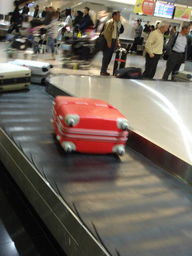 うちのスーツケースが流れてきました。赤が目立っています。