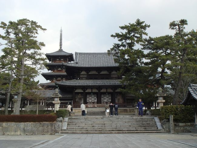 ２日目最初は「法隆寺」へ向かいました。<br />JR奈良駅から法隆寺駅まで約10分、法隆寺駅からバスに乗り替え約10分ほどで到着。<br />バスの本数がそこまで多くないので、事前にチェックしてから行くことをお勧めしまーす☆<br />奈良交通サイト<br />http://jikoku.narakotsu.co.jp/form/asp/<br /><br /><法隆寺><br />世界最古の木造建築であり、日本の世界遺産第１号がこの法隆寺です。<br />中門を通って中に入っていきます。<br />西院伽藍・大宝蔵院・夢殿共通拝観券（￥1,000)。