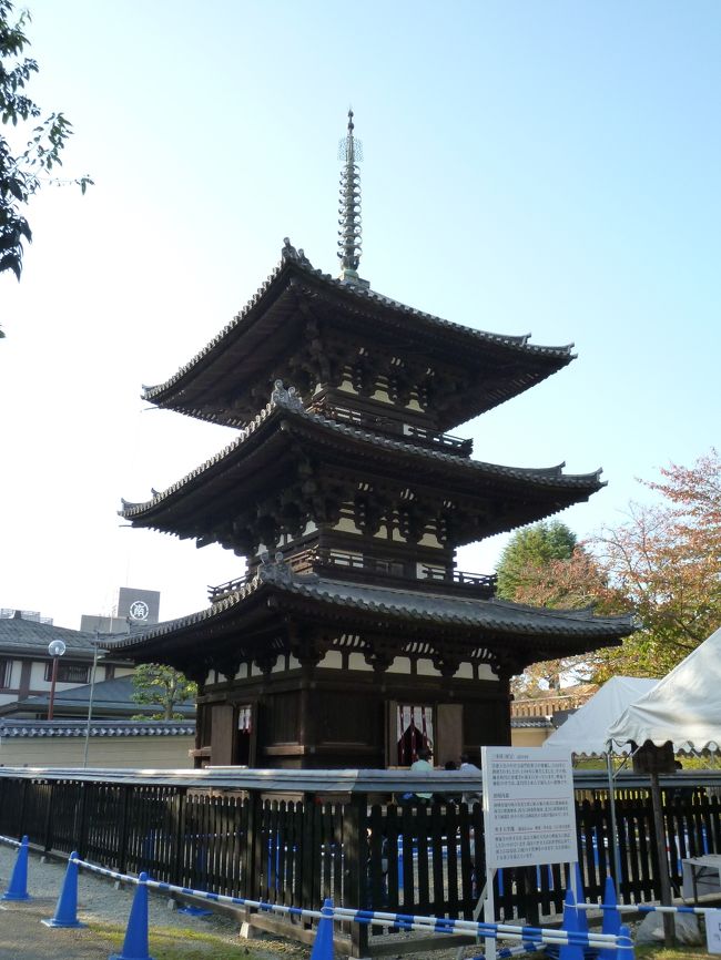 そして三重塔へ。<br /><br />この塔は興福寺で最古の建造物だそうです。中には弁才天坐像が安置されています。この弁才天は頭部に鳥居をのせているちょっとかわった小さな像でした。<br /><br />このあとまた餅飯殿センター街をぶらぶらして甘いものを調達し、いったんホテルにもどってお茶をしました。<br />