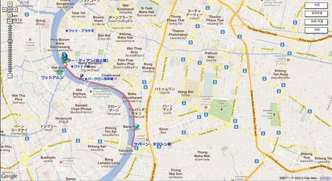 今日のコース<br /><br />BTSサパーン・タクシン駅下車。<br />チャオプラヤ・エクスプレスボートに乗り換えてター・ティアン(#8)まで。帰りはトゥクトゥクでサイアムまで4人で150B。<br /><br />（腰を交互にずらしながら大人4人も乗れることも驚きですが、ワット・ポーからサイアムまでトゥクトゥクというのも2度とやりたくない距離です。降りてみれば150Bというのは気の毒なぐらいで…）<br /><br />波止場の隣にある公園で日が沈むまで待ちました。<br />