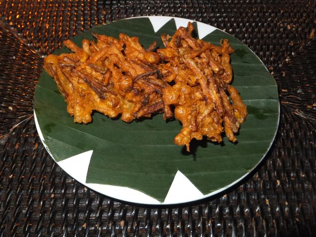 これは前菜です。<br />何に見えますか？<br /><br />メニューボードによると<br />「ベジタブル・テンプラ」とのこと。<br /><br />日本人としては、これを天ぷらと称するのは抵抗がありますが<br />これはこういう食べ物だと思えば、美味しかったです（笑）<br /><br />どうもタマネギやコーンなどで作った<br />かきあげのようなのですが<br />生地にしょうゆでしっかりと味がついていて<br />（私にはちょっとしょっぱかったかな）<br />かなりカリカリで、まるでスナック菓子のようでした。<br />残念ながら、タマネギとコーン以外の<br />野菜の正体はわからなかったです。<br />