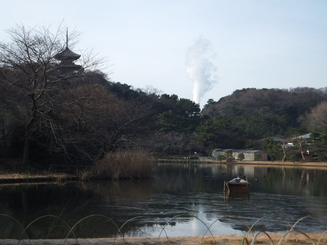 まずはじめに目に入ったのがこの大きな池と三重塔。<br />ここは京都か？と錯覚してしまうような光景でした。<br /><br />この日もものすごい冷え込みで手前側の池の氷が凍っていました。<br />奥に写っている煙は何だろう…？