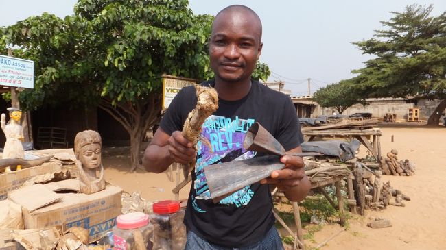 そのうちMarche des Feticheursに着きました。<br /><br />Marche des Feticheursは、以下のリンク先によると、ブードゥー教の儀式で使用する野生動物の一部や骨などを材料にして作られた呪物マーケットのようです。<br /><br />『[閲覧注意]西アフリカ・トーゴにある世界一巨大なブードゥー教呪物マーケット「Akodessewa Fetish Market」』<br />http://dailynewsagency.com/2011/09/29/akodessewa-fetish-market-africas-voodoo-supermarket/<br /><br />入場料は確かカメラ持ち込み代込みで8000CFA（約1300円）だった気がします。lonely planetにもそのくらいの金額が書かれていたのでボラれたわけではないと思いますが高い。<br /><br />こちらはガイドの人。