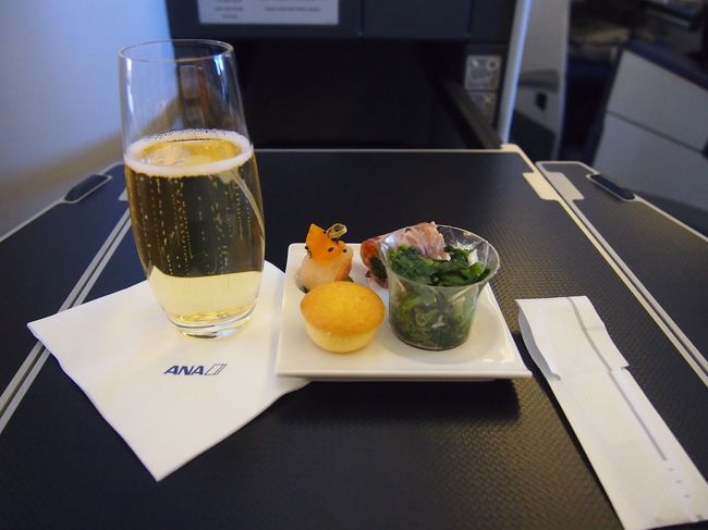 離陸後、1時間ぐらいで1回目の機内食スタート。<br /><br />まずはお通し（？）から。<br />右下のおひたし？みたいなのが、何の味付けかわからなかったけど個人的に好きでした。…すごい美味い！！…ってわけでもないんですが…（←<br /><br />そして、シャンパン2杯目♪