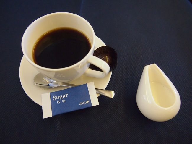 しめにコーヒー。<br />お腹いっぱいと言いつつ、横についてたチョコはしっかり頂きました。食後はコーヒーに限る…！！<br /><br />コースで出てくれば時間がかかって当たり前なんですが、食事で1時間はゆうにかかるんですね、ビジネスって…。<br />エコノミー乗る予定だったので、睡眠不足は機内食さっさと食べて、さっさと寝てしまおう！と。こういうことになるなら、きちんと睡眠とってもっとちゃんと覚えておくんだったなーと後悔。<br /><br />食事が終わり、シートを倒してしばし寝ました。<br />わー！シートがフラットになるー！横になれる！！足がむくまなくてすむーーーーー！！！！！(∩´∀｀)∩<br />ビジネスによく乗ってらっしゃる方からすれば何気ないことだと思いますが、個人の貧乏旅行じゃとてもすごいことなんですよ！！！（何