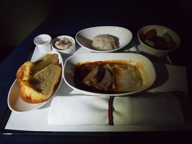 映画見ているあたりで、２回目の機内食いかがですか？とCAさんから聞かれ、寝てるだけで大して体力消耗してないのにまた肉をチョイス（←<br /><br />どれも美味しかったんですが、個人的にはパンがヒット。うまい。<br />お肉はお昼の方が柔らかくておいしかったかな…。これはこれで美味しいんですが。<br /><br />あと、一緒に頼んだノンアルコールのカクテル（カシスとかぼす）が美味しかった…！！アルコールは到着も近くなってきたのでガマン…です…