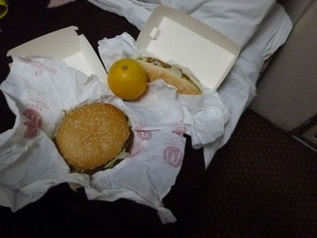列車食の鶏肉をつまみながら、<br />先ほど買っておいたマクドナルドも食べる。<br />ビールを飲む。<br />うまいうまい