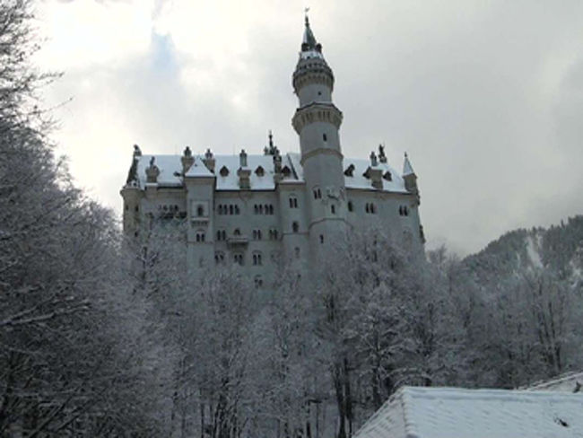 ノイシュバンシュタイン城<br /><br />次はこのツアー最大の訪問地、ノイシュバンシュタイン城。お土産屋さんの前でバスを下車。ここから徒歩で上がります。ここでこの旅行初めてのお日様が顔を出しました。２０分くらいかけてお城の下まで到着。ここは東京ディズニーランドのシンデレラ城のモデルになった城です。ルートヴィッヒ２世が造らせた城ですが、彼は城の完成後すぐになくなってしまったため、ほとんど住むことがありませんした。見学はチケットに書かれた時間にガイドツアーで入場します。中は撮影禁止のため写真は撮れません。所々に白鳥のモチーフが見られます。