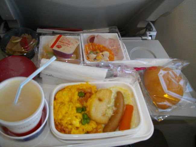 キッズミールを予約していたので、大人より早めに出てきます<br /><br />この頃も元気です。<br />おり紙かお絵かき帳いただけるとかで、お絵かき帳を選択<br /><br />この後が大変でした。段々飽きてきてこのテーブルを出したり閉じたり、前の人に迷惑かけてしまい「すいませんでした。」<br /><br />その後こちらが寝たふりしていると、１０分くらい何か言いながら一人遊びしてましたが、やっと眠くなってきたのか寝てくれました<br /><br />飛行時間４時間くらいの所、２時間３０分くらいのところで、やっと寝てくれました（１時間くらい）迷惑かけましたが無事何とか「やれやれです」