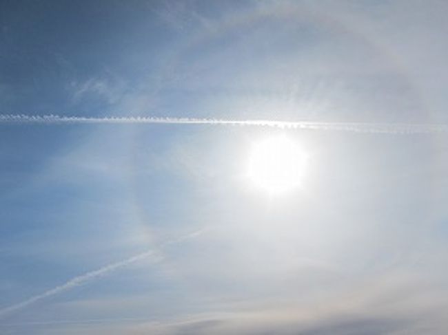 太陽の周りに、うっすら虹のように見えています。