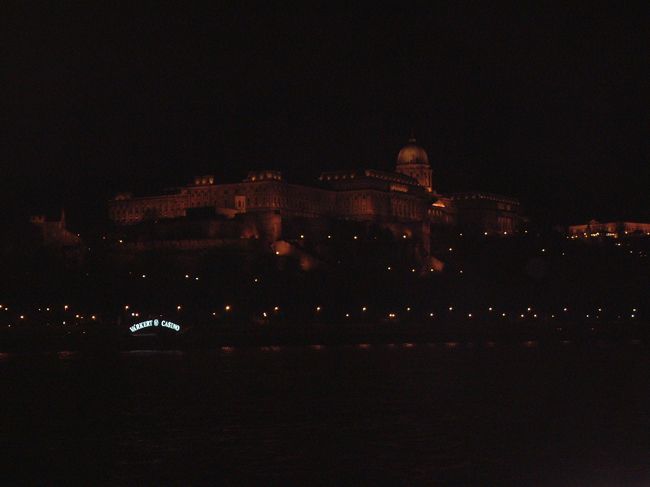 ブダペスト、ドナウ川クルーズの夜景、ブダ王宮<br />暗くて良く撮れていないので、目を凝らして見て下さい