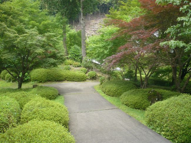 あじさい園へ行く前に階段を少し上って，庭を散歩しました．<br />少しのあじさいとつつじ，楓などがありました．<br />緑の庭もきれいです．