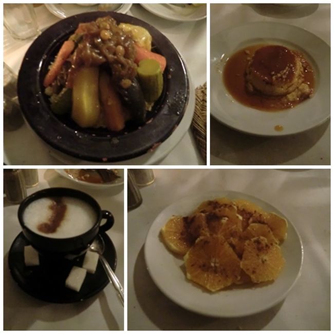 この写真の中で私たちが直接オーダーしたのは<br /><br />左上のクスクスだけ！<br /><br />あとのプリン、カプチーノ、オレンジのデザート<br />それに上の写真右下のチャイは<br /><br />セットになっているからと言われて???<br /><br />上手く意思疎通が出来ず。。(〃_ _)σ‖<br /><br />どうなの〜!?<br /><br />会計はチップ入れて２人で４０DH≒４０００円<br />現地価格はどうなのかクエスチョンでしたが、<br /><br />美味しく、お腹いっぱい食べて、ロケーションも<br />スタッフも感じ良かったし、<br /><br />結果、大満足かな〜　ヾ(@⌒¬⌒@)ノ♪<br />