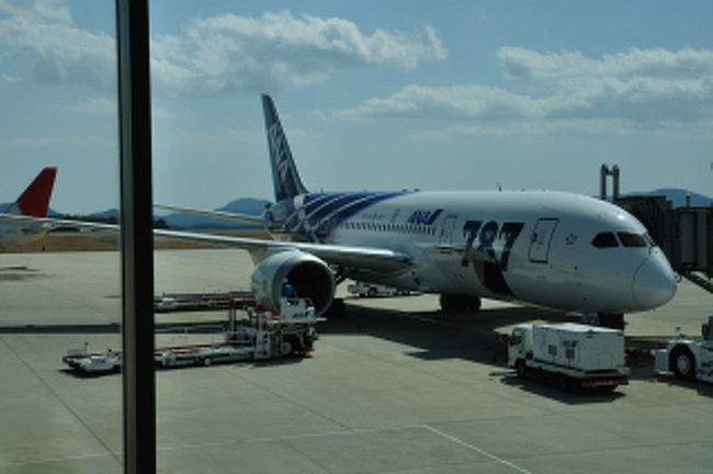 広島空港から沖縄に向かう、ＡＮＡの最新機Ｂ７８７をパチリ、でも乗るのはＡ３２０。