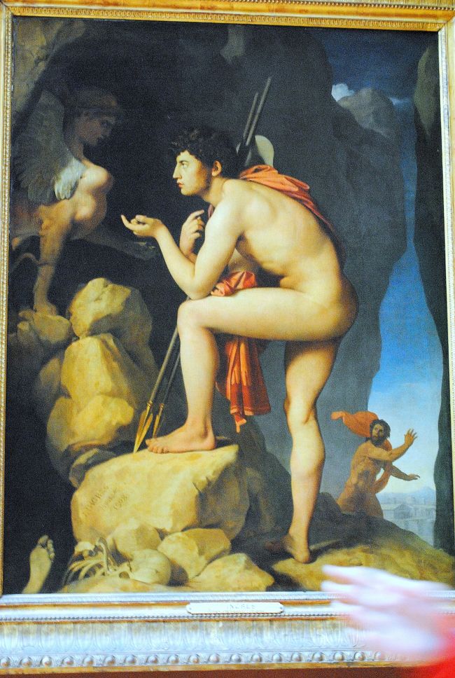 　ジャン＝オーギュスト＝ドミニク・アングル「スフィンクスの謎を解くオイディプス」。