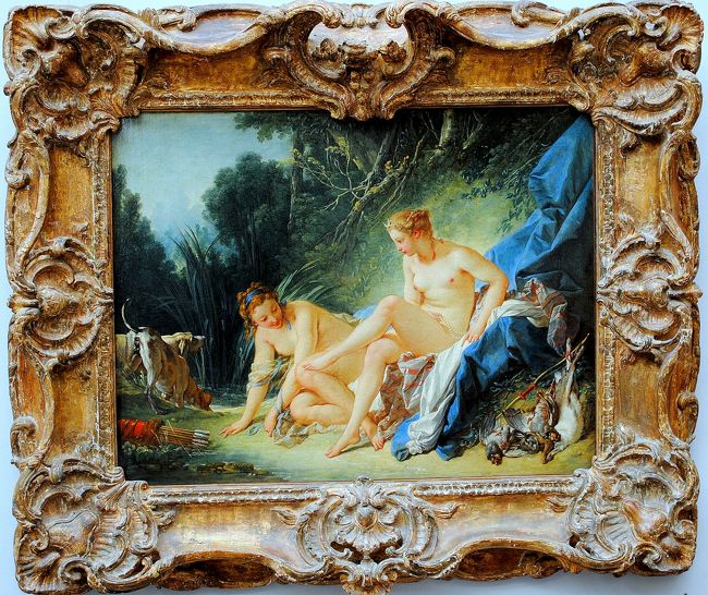 　フランソワ・プーシェ「水浴のディアナ」。　濃い緑の森で輝かしい裸体を見せるディアナが今、水浴を楽しもうとしている作品です。