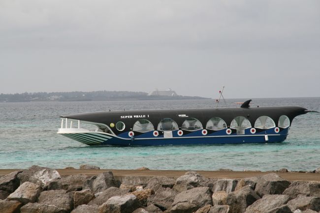 ブエナ海中公園ではグラス底ボートに乗りました。写真はスーパーホエール号。もう一隻白いホワイトホエール号もあります。船の底がガラス張りになっていて餌付けされた魚が寄ってくるのが見られます。