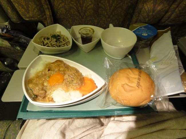 この機内食はおいしくなかった<br /><br />チキンどんぶりと書いてありました<br /><br />蕎麦は凍っていました