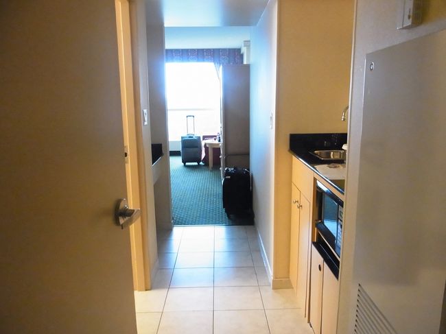 奥にベッドルーム。左がバスルーム。<br />右がミニキッチン。