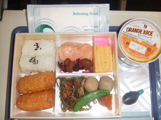 大韓航空で行きました。<br /><br />まずは機内食をパチリ☆<br />普通の和食でした。