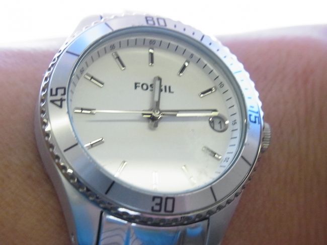 お昼すぎ。。。お腹がすいてきた。。。<br /><br />オタワのリドーセンターの中のFOSSILで買ったお気に入りの時計。<br />ブランド物に興味ないので、これで十分。<br />全体にアルミを使ったものです。アルミ製は初めて見ました。<br />ステンレスの黒い銀色とは違い、白い銀色で、<br />シルバーが好きな私の好みにぴったりです。<br />そして、何より、アルミだから、軽い！！！<br />信じられないくらい軽い！！<br />FOSSIL自体はアメリカの会社です。<br />他の時計のデザインもとても良かったです。<br />実は、これと同じものの、色違いの淡いピンクをおみやげに買いました。<br />自分にも、幅広の革の三つ編みベルトのデザインをもう一つ買いました。<br /><br />