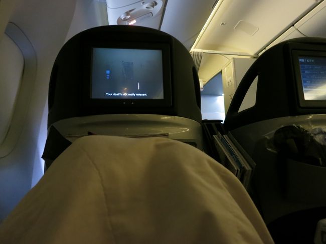 シートに座るなりお尻が痛くなり、今回は非常に座っているのが辛かった。<br /><br />それもそう、前月はSQのスイートだもん。<br /><br />しかし、この画面でCクラスだなんて。。。<br /><br />それに、お隣が寝ているときにトイレに立つとまたげない。<br />キャセイは狭いかもしれないけど、孤立しているだけ自由に動けて楽。