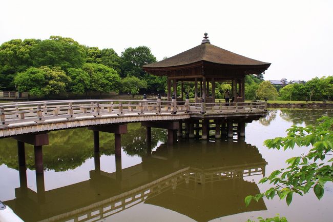 奈良公園を南下すると、春日神社からの御手洗川が流れ込む鷺池があり、池の中には浮見堂という六角形の屋根をした建物があります。