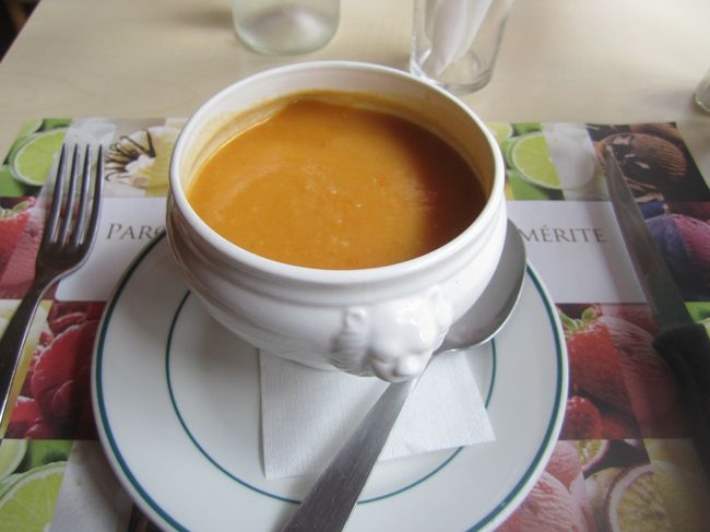 午前中は移動しかしていませんが、おなかがすいたので遅めのランチです。ルルドは、ホテル・レストランは多くあるのですが、食堂のような小さなものばかりでした。<br />まずは前菜の野菜スープ。昨日に引き続き、少し冷えるので温かいものを。