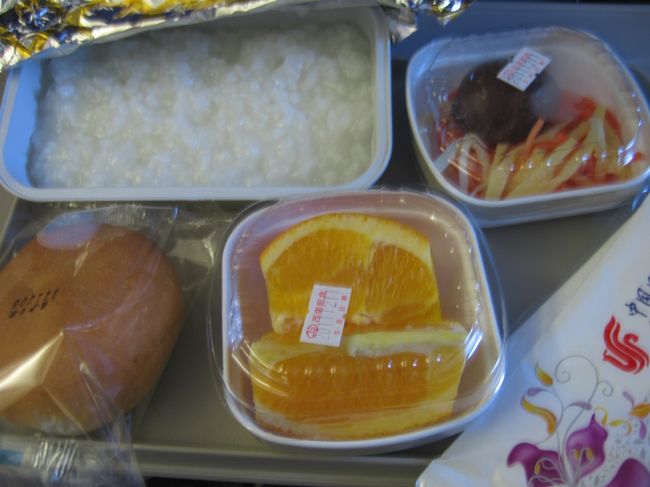 前代未聞の不味さ!!!!!チベット行きの機内食<br /><br />エコノミークラスだから、とかじゃありません<br />味が全くないお粥!!。。。調味料をいくら探しても無い<br />右上のピータンも5mm程食べてみたけど無理<br />見るからにパッサパサのパンに付ける物は何もない。。。袋を開けもしなかった<br />筋だらけのオレンジ。。。化学肥料等が心配で開けもしなかった<br /><br />スプライト以外、喜んで飲み込める物が何もなかった<br /><br />でも周りの中国人達はムシャムシャと物凄い勢いで平らげてた<br />両隣(3-3配列)の女性から「何で食べないの!?」という視線を強烈に浴びせられ、あげても良かったんだけど食べ終えたトレーと交換するのが嫌だったので、一刻も早く下げてくれるのを待ちました<br /><br />今朝は朝食ビュッフェが始まるより早く出発だったので、ホテルが作ってくれたお弁当と水をチャンさんから持たされました<br />水は持ち込めないのでチャンさんにあげ、ヨーグルトは液体だからと荷物検査で取り上げられ、重みで箱が破れて小さな林檎が転がり出し、笑われました<br />なんとかパサパサのパンにチーズを挟んで少し食べたので、機内食を食べずに済んだとも言えます<br /><br />チベット行きの飛行機に乗る乗客だけ他の国内線とは違う列に並ばされ、<br />イミグレのようにパーミット(入蔵許可書)とパスポートをチェックされます<br />チベットの情勢が悪化の一途で、渡航に厳しい制限がかかっていることが伺えました