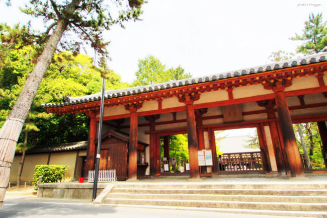 南大門。<br />鑑真和上の1200年遠忌として昭和三十五年(1960)に再建されたものです。<br />天平様式を再現しています。