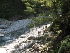 鐘釣駅から河原へ下りるとどこを掘っても温泉が湧き出し人気があるが今回は立ち寄れない。
最近のツアーは時間と費用の節約からか、鐘釣で引き返す団体が多いようで、我々が一昨年参加したツアーもそうだった。
これと次の写真はその時（2009/10/15）の物。
中央手前に手作りの露天風呂。
