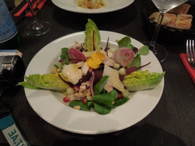 この日もめぼしいビストロを行くいつか選んでいただんですが、ことごとく休業・・・？？<br /><br />ということで、混んでいそうなモダンなビストロに入ってみました。<br />事前情報がなく飛び込みで入ったのはここが最初で最後だったかも？（初日のは含まないで・・）<br /><br />これは前菜のサラダ（旦那）