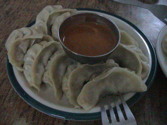 めずらしく、食事の写真があった！<br /><br />これは、モモ。<br />まぁ、ぎょうざみたいなもの。<br /><br />タレがスパイシーでうまい。