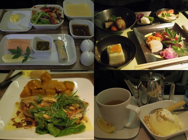 機内食<br /><br />私はウエスタンスタイルを、<br />妹は和食を選択<br /><br />左2枚がウエスタン<br />右上が和食<br /><br />右下がデザート<br /><br />とにかく量が多い！！